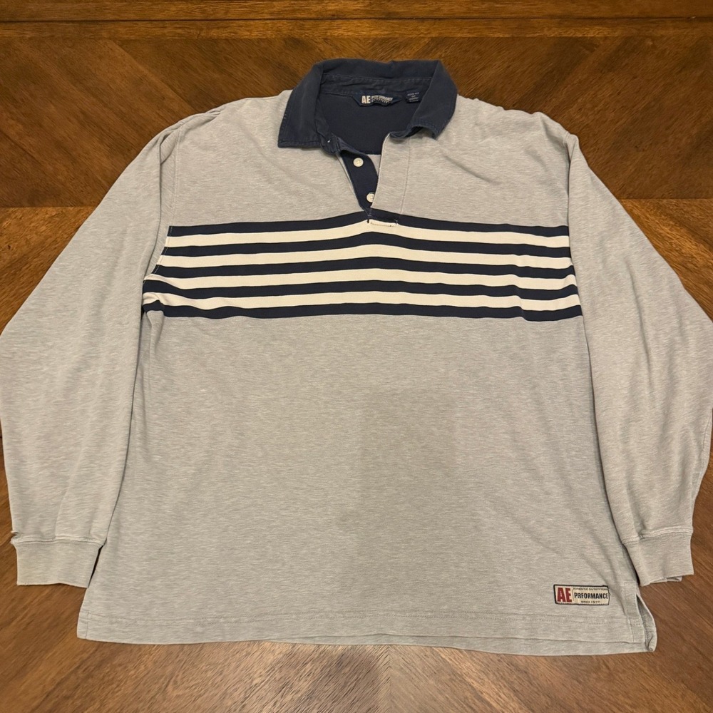 American‎ Eagle Performance Mens XL Rugby Shirt Navy Blue Striped Long Sleeve